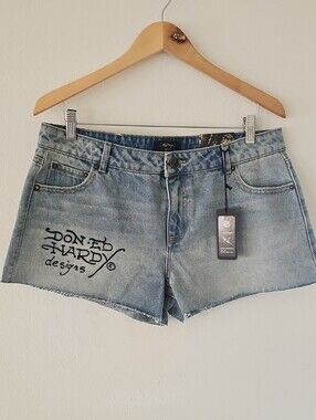 Ed Hardy Born Free Light Tint Wash Denim Front and Back Graphic Cut off Shorts